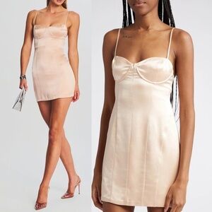 Retrofete Cosmo Satin Mini Dress Dusty Peach Y2K Bodice Sexy